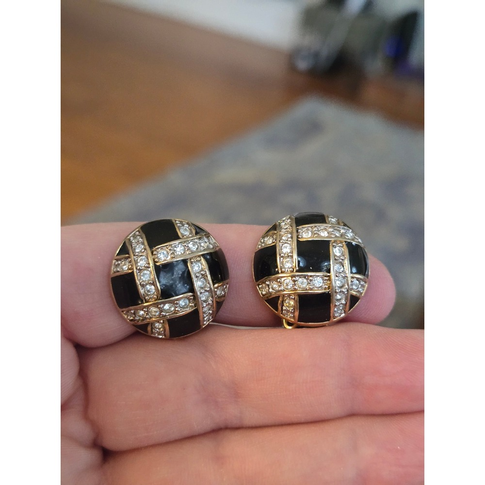 Rhinestone Black Enamel Domed Clip-on Earrings Vintage